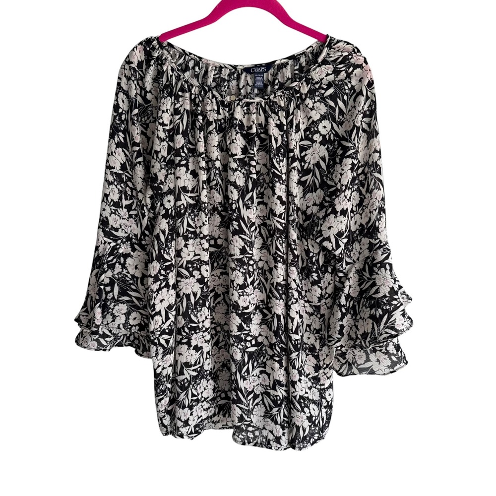 CHAPS Black and White Ladies Minimalist Monochrome Floral Chiffon Blouse, XL